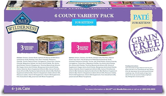 Blue Buffalo Wilderness Kitten Food, High-Protein & Grain-Free Wet Cat Food Paté Variety Pack, Chicken & Salmon Recipes, 3-oz. Cans (6 Count, 3 of Each)