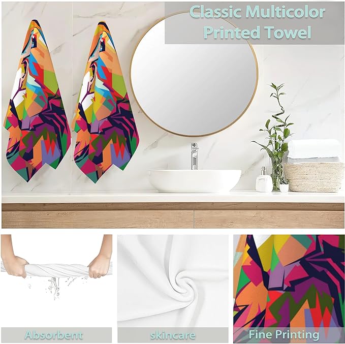 Lion Hand Towel Set of 2,Pop Art Lion Face Washcloths Fingertip Kitchen Towels 28 x 14 Inch Soft Bath Dish Cloth for Bathroom Gym Hotel Salon Spa Sport