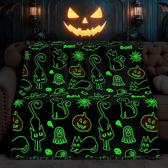 Halloween Decorations Blanket Gifts for Kids - Pumpkin Spooky Bat Cat Glow in The Dark Soft Throw Toys Presents for Boys Girls Toddler Child Teen Bedroom Couch Sofa Decor 50"x60"