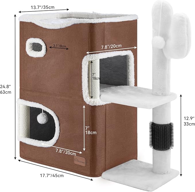 YIATHOME 2-Tier Cat House, Cat Beds for Indoor Cats, Small Cat Condo with Highway Cave, Scratch & Itching Post, Clmibing Stand, Modern Cat Cube Playhouse for Multi Kittens, Brown