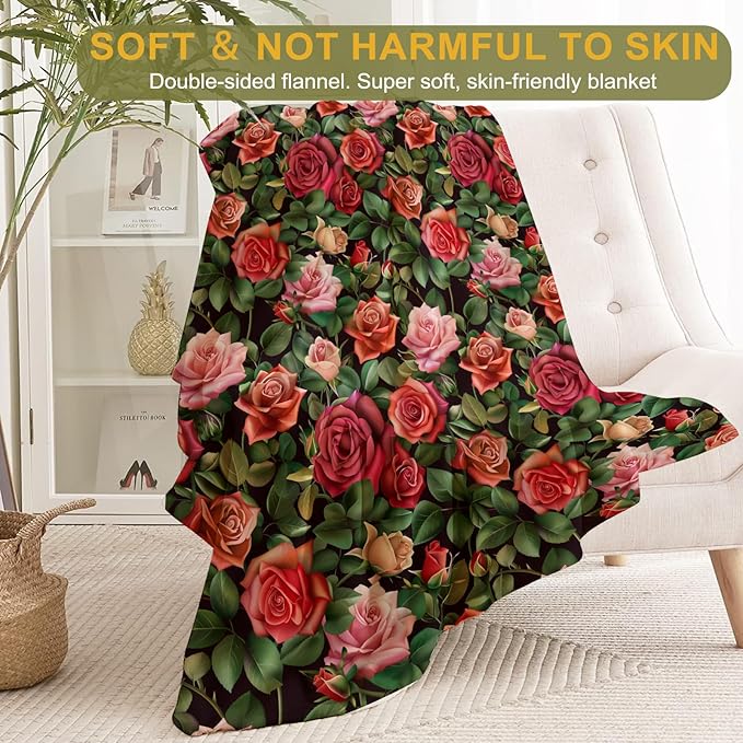 Rose Theme Blanket Plush Flannel Throw Blanket - Ultra Soft & Warm, Comfy & Lightweight - Perfect for Couch, Travel, Bedroom, Bed, Living Room - Cozy, Fuzzy Gift 50in×60in