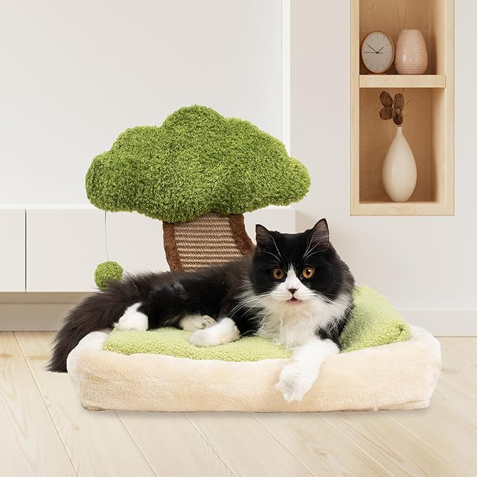 Meowoou Cat Bed with Scratching Pad (15.7''x19.7''), Soft Bed for Indoor Cats and Kitten, Detachable Washable Square Faux Fur Pad Cat Bed with Mountain View