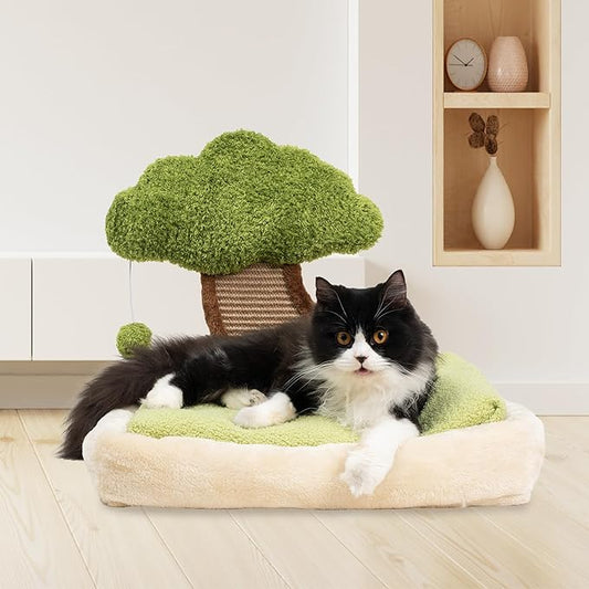 Meowoou Cat Bed with Scratching Pad (15.7''x19.7''), Soft Bed for Indoor Cats and Kitten, Detachable Washable Square Faux Fur Pad Cat Bed with Mountain View