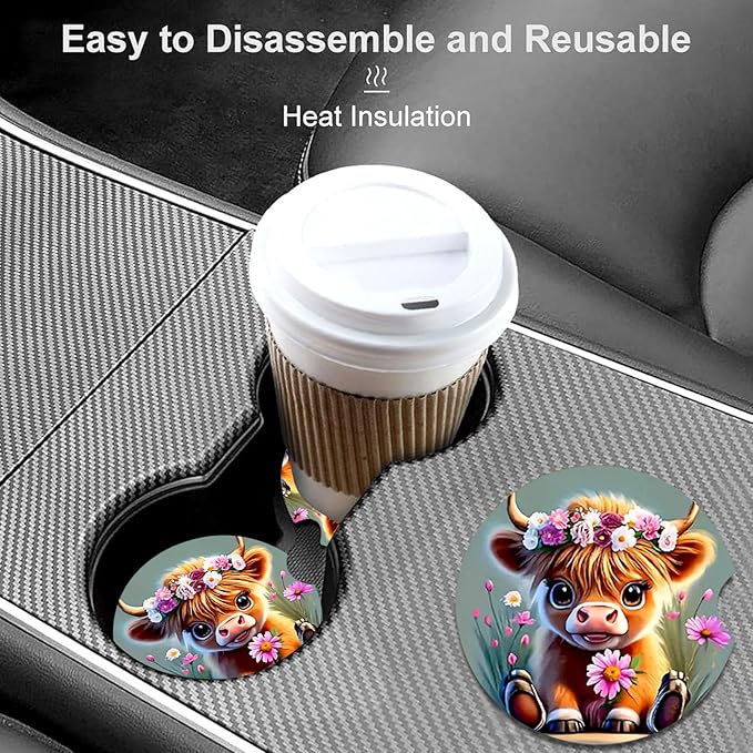 Car Coasters for Cup Holders,2 Pack Highland Cow Floral Car Coasters,2.75" Universal Size Anti Slip Rubber Mat,Automotive Cup Holder Gifts for Cow Lovers for Women,Men,Mom
