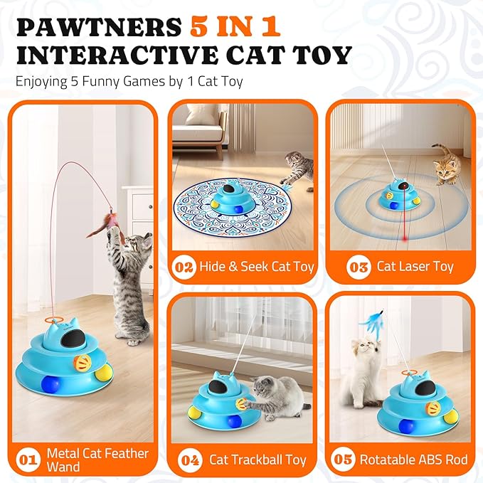 Interactive Cat Toy: 5 in 1 Automatic Cat Toy for Indoor Cats, USB Rechargeable Hide and Seek Toy with PVC Cover, Rotating Feather toys, Battery Operated Kitten Laser Toy with Multi Accessories, Blue