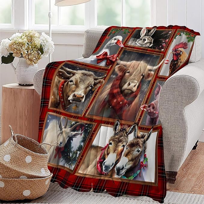 Christmas Blanket Highland Cow Farm Animal Throw Blanket Ultra Soft Cozy Fleece Goat Chicken Goose Duck Pig Donkey Gift Fuzzy Plush Bedding Blankets for Kids Adult Girls Boys Women Men 80"x60"