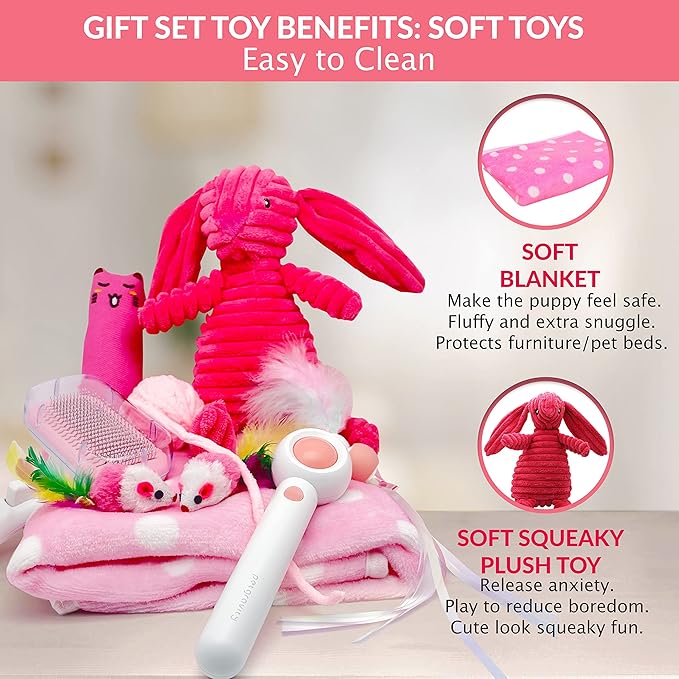 Cat Welcome Gift Set - Catnip Chew Toy, Cat Feather Mouses, Interactive String Teaser Wand, Yarn Ball, Squeaky Soft Toy, Cat Hair Brush, and Ultra Soft Blanket