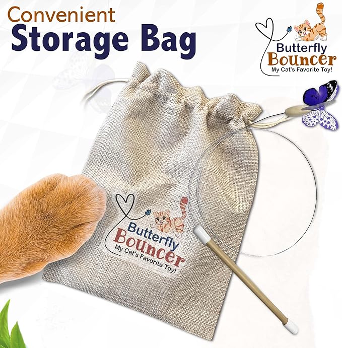 Butterfly on Wire Bounces to Mimic a Real Butterfly's Flight - Interactive Cat Toy - Cats/Kittens Play Catch Chase Exercise-Comfortable Bamboo Handle-Stocking Stuffer-Made in USA