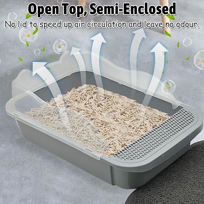 BNOSDM Cat Litter Box with Non-Slip Mat Sifting Litter Box Detachable High Sides, Open Top Litter Pan Pet Toilet with Scoop for Cats, Grey