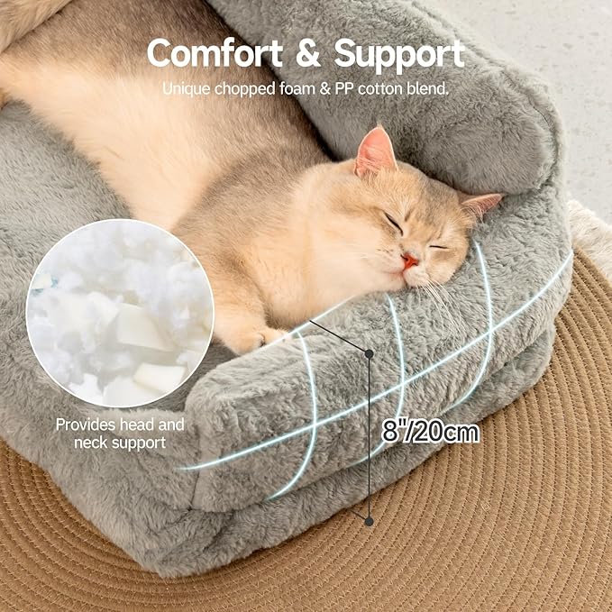 MEWOOFUN Cute Cat Couch Bed, Removable Washable Cat Sofa Beds for Indoor Cats, Supportive Dog Couch Bed for Small Dogs with Non-Slip Bottom, for Cats and Small Pets (Grey, M)