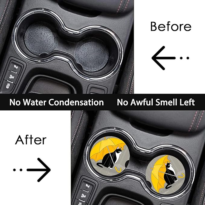Black Cat Rain Car Coasters for Cup Holders, Absorbent Ceramic Coaster with Cork Back, Car Accessories Gifts for Men Women, 2PCS Universal Anti Slip Car Accessories, Cup Mat for Most Car Interior