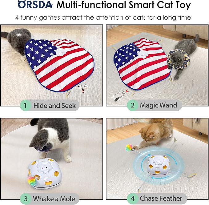 ORSDA Interactive Cat Toys for Indoor Cats, 4 in 1 Automatic Cat Toy Kitten Toys, Rechargeable Smart Teaser Toys for Cats Home Alone Bored Indoor Adult Cats, 8 Holes Mice Whack-A-Mole, Hide The Seek