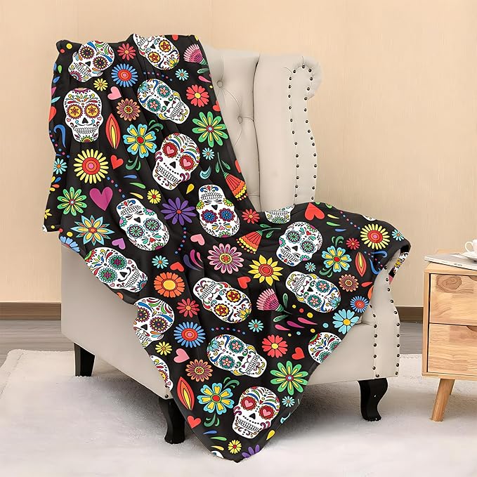 Day of The Dead Sugar Skull Blanket Throw 80"X60", Cozy Lightweight Plush Skull Print Blanket, Gifts for Kids Adults