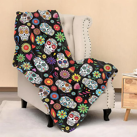 Day of The Dead Sugar Skull Blanket Throw 50"X40", Cozy Lightweight Plush Blanket, Gifts for Kids Women