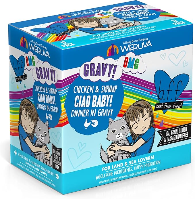 Weruva B.F.F. OMG - Best Feline Friend Oh My Gravy!, Ciao Baby! with Chicken & Shrimp in Gravy Cat Food, 2.8oz Pouch (Pack of 12)