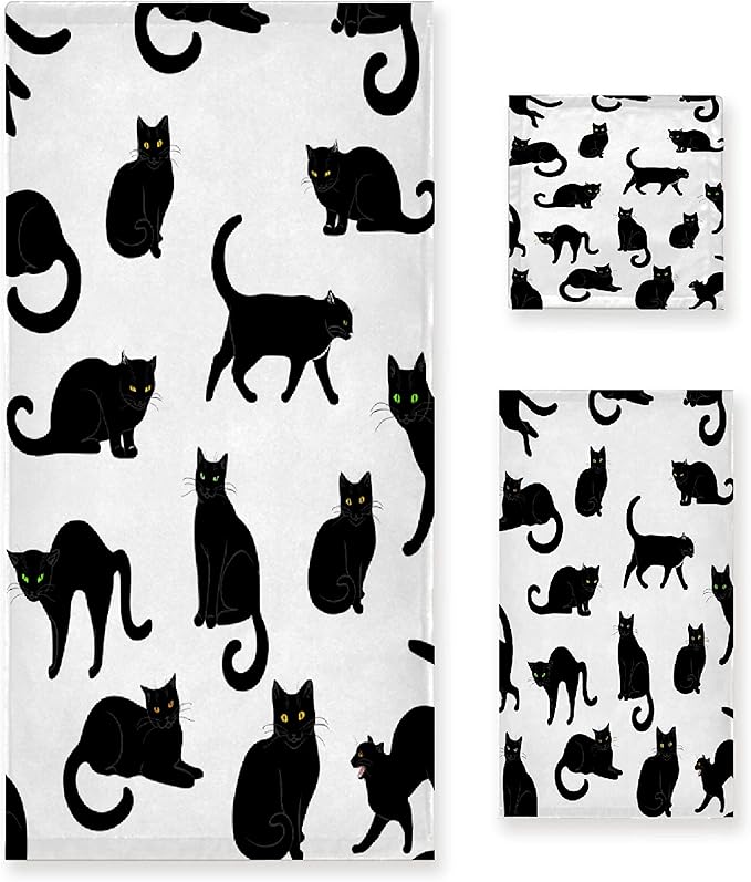 Black Cats 3 Piece Towel Bathroom Sets, 1 Bath Towel, 1 Washcloth, 1 Hand Towel, Cotton Fast Dry Soft Absorbent Towel Set for Home Kitchen Family