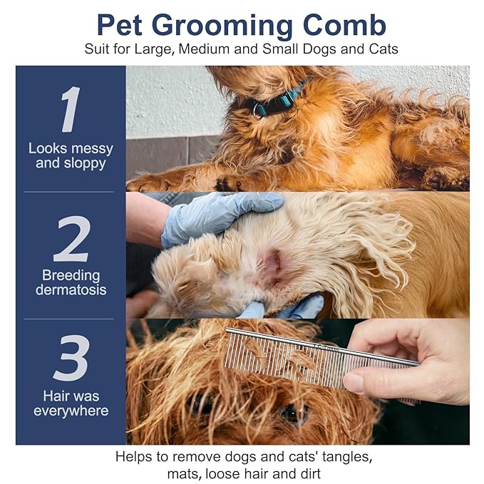 Dog Cat Combs for Grooming, Metal Cat Dog Comb for Removing Tangles and Knots, Professional Grooming Tool for Long Haired Dog Cat, Dog Comb Poodles Doodles