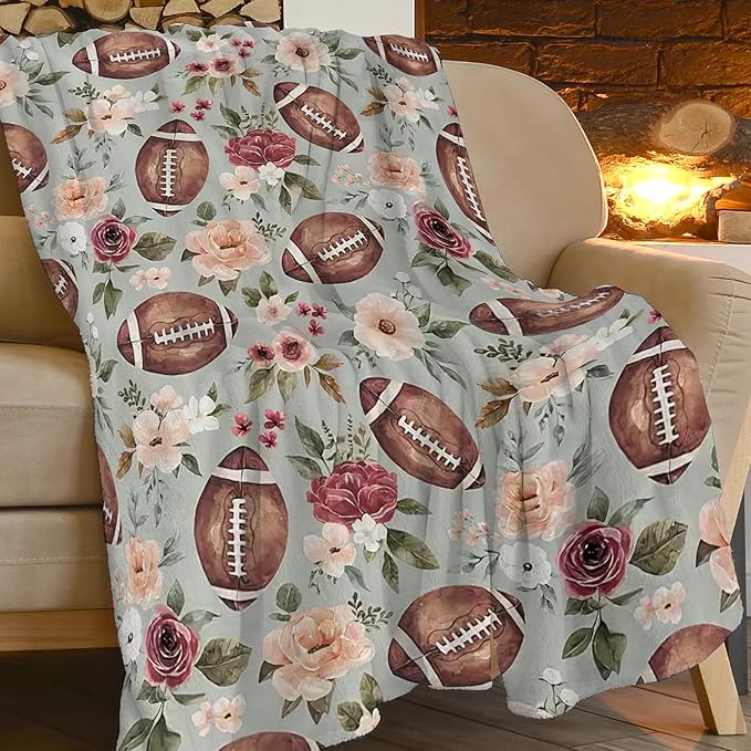 Football Blanket Football Flower Throw Blanket Football Decor Stuff Merch Cozy Print Flannel Fleece Soft Plush Fuzzy Warm Lightweight Bedding Gifts for Women Men Girls Kids Teenager 50"X40"