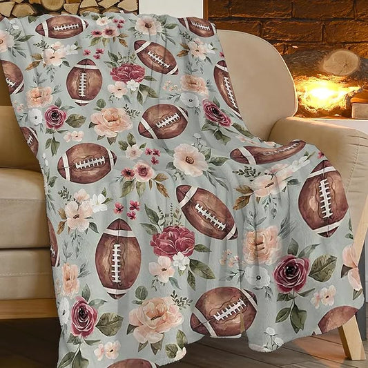 Football Blanket Football Flower Throw Blanket Football Decor Stuff Merch Cozy Print Flannel Fleece Soft Plush Fuzzy Warm Lightweight Bedding Gifts for Women Men Girls Kids Teenager 50"X40"