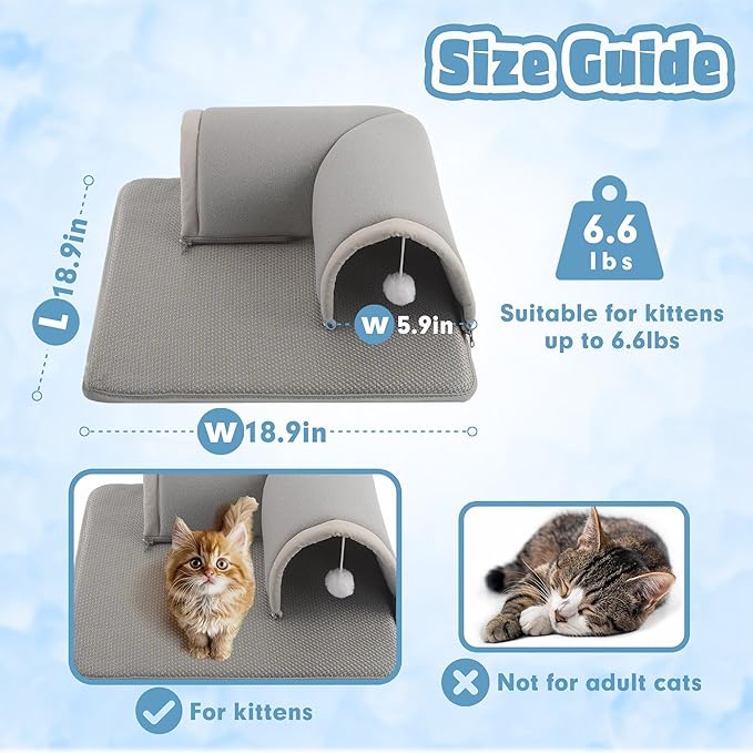 Cooling Kitten Tunnel Bed Mat, Perfect Kitten Gift Toy, 3D Memory Foam Cat Tunnel Cooling Mat, Detachable & Machine Washable, Non-Slip Bottom, Silver S