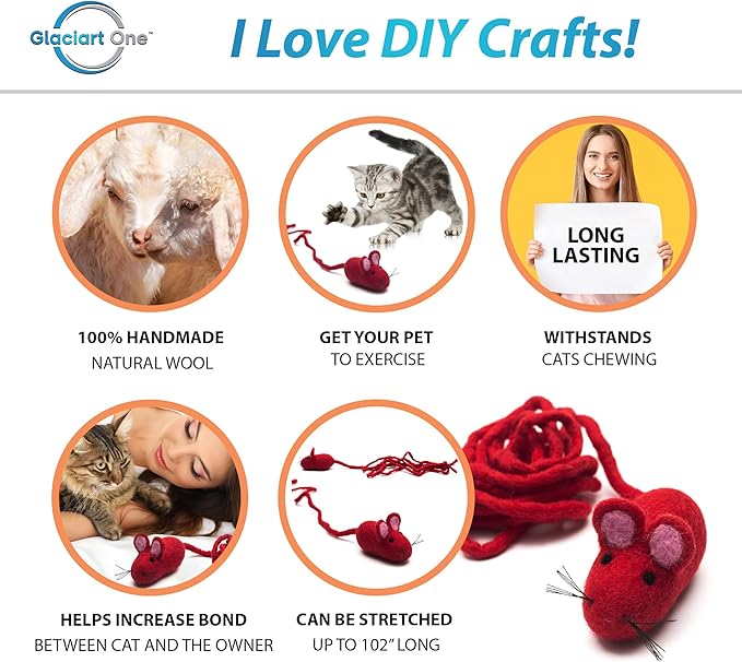 Glaciart One Felt Mouse Cat Toy – Soft Fuzzy Enrichment 100% Natural Wool Toy - Interactive Catnip Play Cat Toy Set - Safe for Pets, Non-AZO Colored Dyes - 100” Long