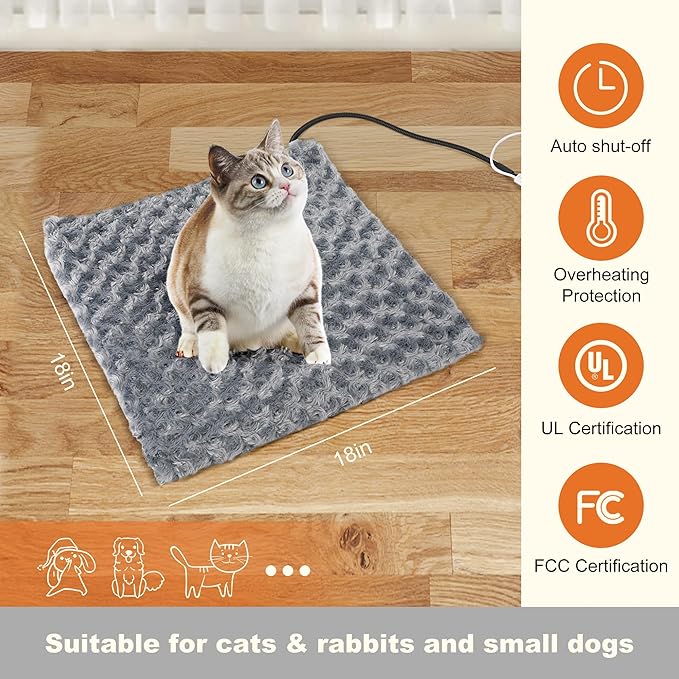 Cat Heating Pad, Electric Pet Heating Pad for Cat, Cat Warming Pad with Chew Proof Cord, 9 Heat Levels, Auto-Off, 18" x 18"