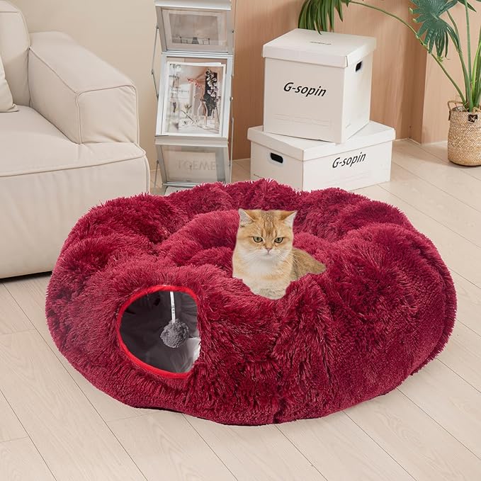 Avont Cat Tunnel Bed with Central Washable Cushion - Large Cat Tunnel Tube Toys 3 Shape to Play for Indoor Cats Kittens Puppies Ferret, Round Plush Fluffy Cat Bed with Tunnels -Red
