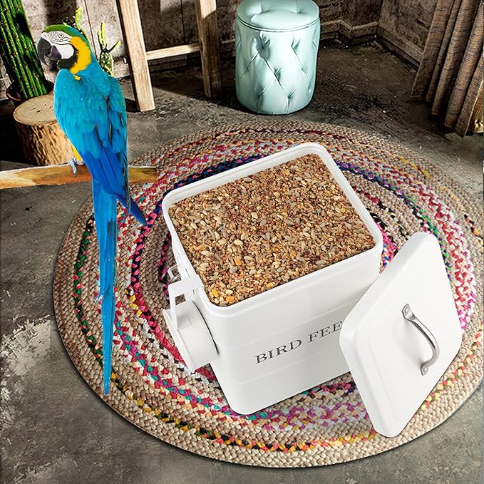 DEAYOU Metal Bird Seed Container with Scoop, Treats Storage Bin, Coated Carbon Steel, Tight Fitting Lid, White