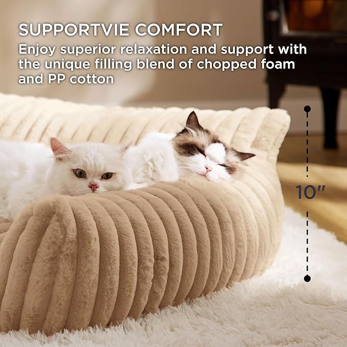Bedsure Cute Cat Couch for Pets - Fluffy Cat Sofa with Premium Soft Corduroy Fleece, Fuzzy Cat Couch Bed with Removable Washable Cover, Supportive Cat Chair for Indoor Cats, 24inch, Tuscan Beige