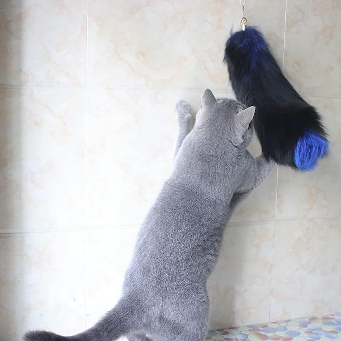 Fosrion Real Colored Yellow Silver Fox Tail Fur Hair Cat Bites Hunting Catching Accompanying Toy (Tanned Blue, Only Tail)