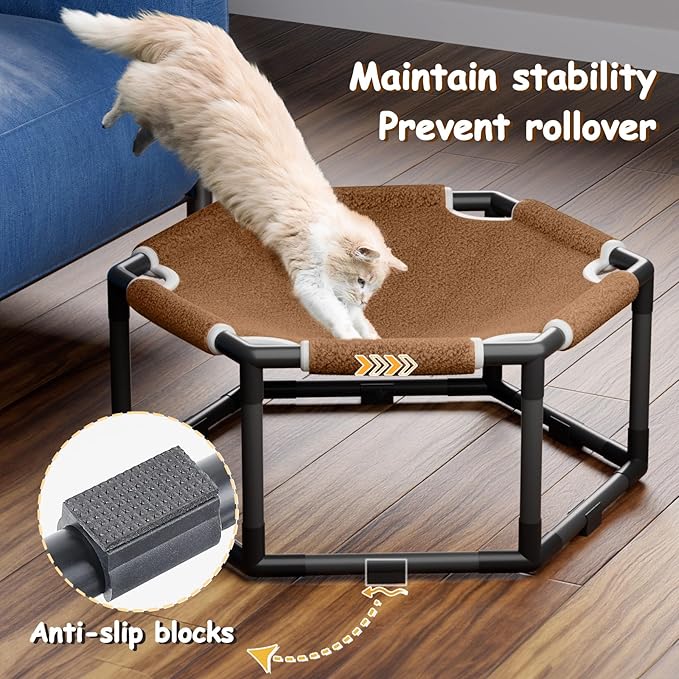 Tresbro Cat Bed, Hexagon Warm Elevated Cat Bed with Thick Teddy Velvet & Anti-Slip Pads, Raised Cat Hammock Bed for Indoor and Outdoor Use, 23.6'' x 10.6'' x 12'' Cat Hammock for Large to Small Cats