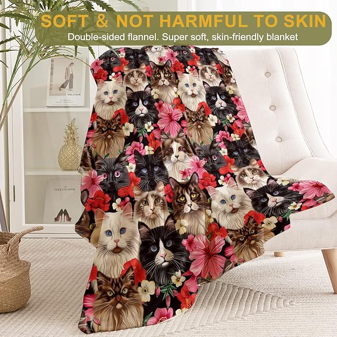 Cute Cat Blanket Plush Flannel Throw Blanket - Ultra Soft & Warm, Comfy & Lightweight - Perfect for Couch, Travel, Bedroom, Bed, Living Room - Cozy, Fuzzy Gift 50in×60in