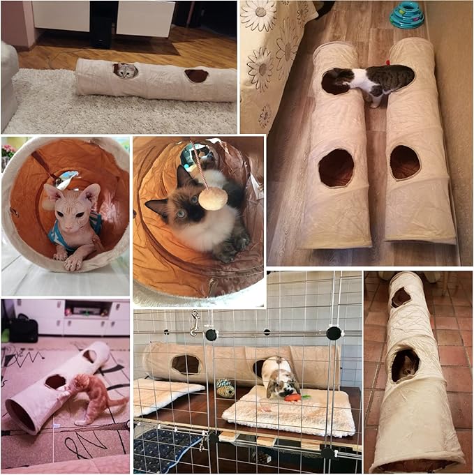 LeerKing Non Crinkle Cat Tubes and Tunnels Bunny Interactive Toys 47" x 10" for Rabbits Puppy Kitten 2 Windows