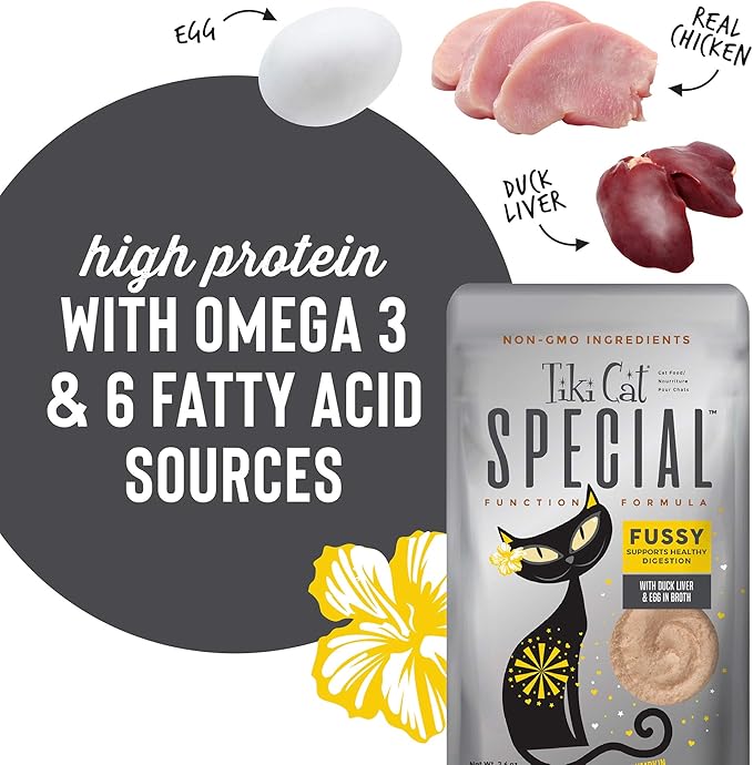 Tiki Cat Special Fussy Mousse, Duck Liver & Egg, Specially Formulated to Support Healthy Digestion, Functional Wet Cat for Adult Cats, 2.4 oz. Pouch (Pack of 12)
