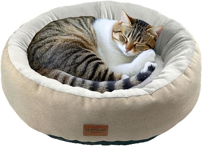 Cozy Round Cat Bed – Soft, Comfortable Cushion for Cats & Kittens – Non-Slip, Machine Washable, Plush Sleep Bed for Cats, Ideal for Resting & Napping (Khaki & Large)