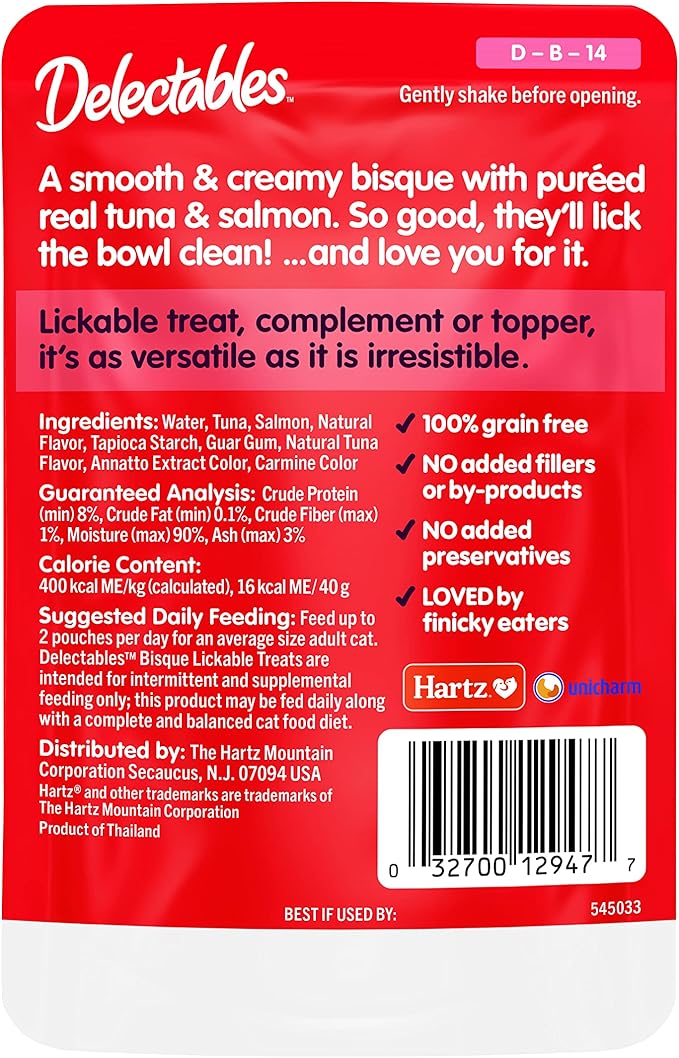 Hartz Delectables Bisque Tuna & Salmon Lickable Wet Cat Treats, 12 Count