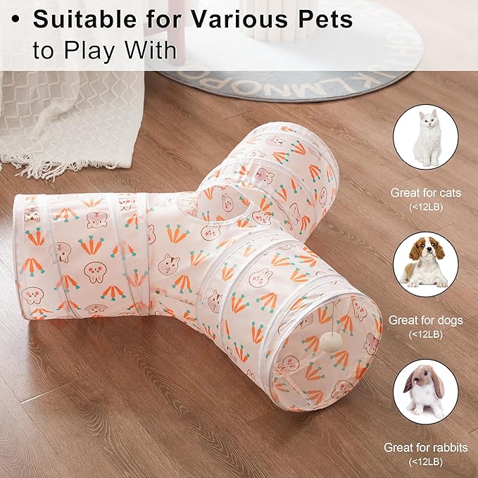 Love's cabin Cat Tunnel Tube Cat Toys 3 Way Collapsible, Cat Tunnels for Indoor Cats，Kitten Tunnel Bored Cat Play Tunnel with Peek Hole Toy Ball for Cat, Kitty, Kitten, Rabbit, Puppy Pink-Rabbit