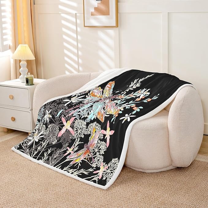 Feelyou Dragonfly Sherpa Blanket 40x50 Inches Botanical Floral Fleece Throw Blanket for Kids Girls Teens Women Bedroom Decor Nature Animals Branches for Sofa Bed Couch Black