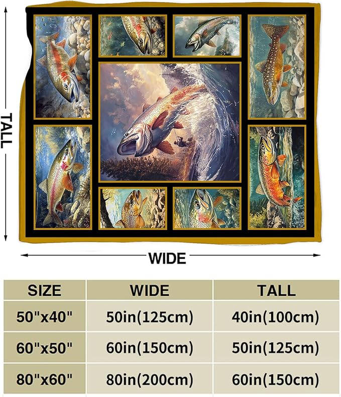 Fishing Throw Blanket Ultra Soft Cozy Rainbow Trout Fish Blanket Fleece Fuzzy Plush Fishing Lovers Decor Gifts for Women Girls Adults Couch Sofa 60"x50"