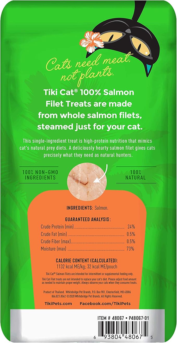 Tiki Cat Filet, All Natural Wild Caught Salmon, Single Ingredient High Moisture Non-GMO Wet Cat Food Topper, for All Life Stages, 1 oz. Pouch (Pack of 12)