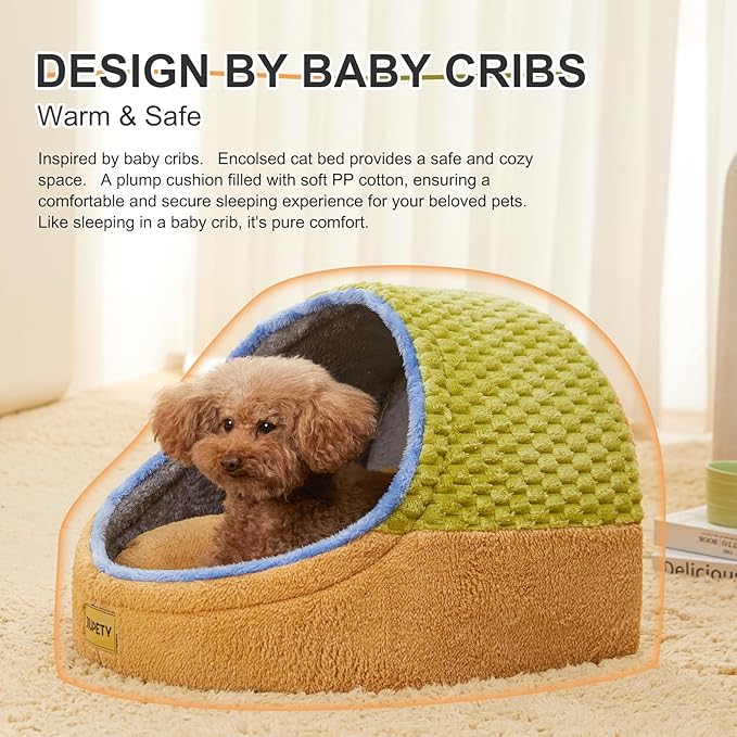 Jiupety Cat Beds for Indoor Cats, Cat Cave Bed and Kitten Bed, Hideway Cat House for Cat & Small Dog with Anti-Slip Bottom, Washable Removable Cushion, L(19"x17"x16"), Green.