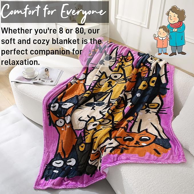 2025 Best Gift Cat Original Designer Throw Blanket, Warm Soft Cute Cat Lover Gifts for Women, Cat Mom Gifts for Cat Lovers, Funny Cat Themed Gifts Blanket for Kids, Birthday Christmas, Purple