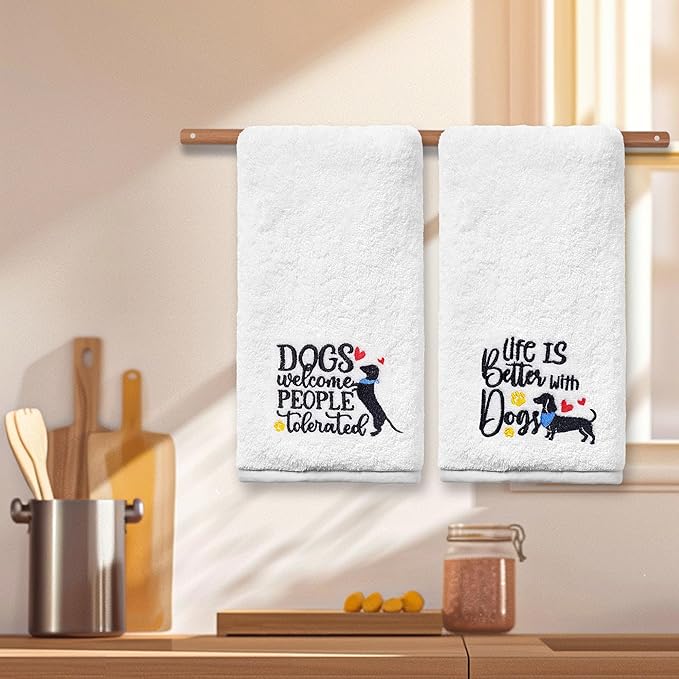 Dog Hand Towels for Bathroom Set of 2, Lover Gifts for Women Bathroom Decor Embroidered, Owners Mom Gifts Decorative New Home Tea Towels, 100% Cotton Soft for Kitchen 14x30 Inches