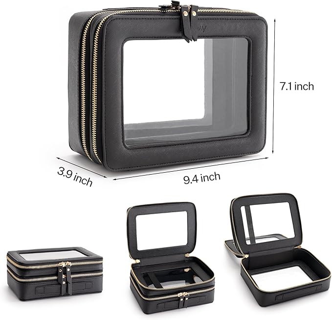 Aveniee Clear Makeup Bags, Double Layer Cosmetic Bags with a Separate Brush Compartment, Travel Toiletry Bag Train Case for Women, Travel Accessories Organizer for Purse(2 Layers Large, Black)