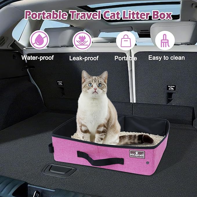 HiCaptain Portable Cat Litter Box for Travel, Collapsible Litter Box for Cats in Car,Traveling Litter Box Fit for Medium Cats and Kitties, Leak-Proof, Sturdy, Lightweight-Pink
