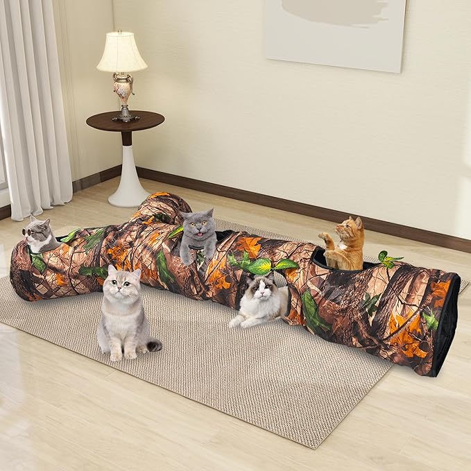 Cat Tunnel for Indoor Cat Large,Cat Bed Toy with Three Channels and Leaves,Y-Shape Cat Cave, Foldable Easy to Store,Suitable for Cats and Other Small Pets to Chase and Play, L 59",Brown