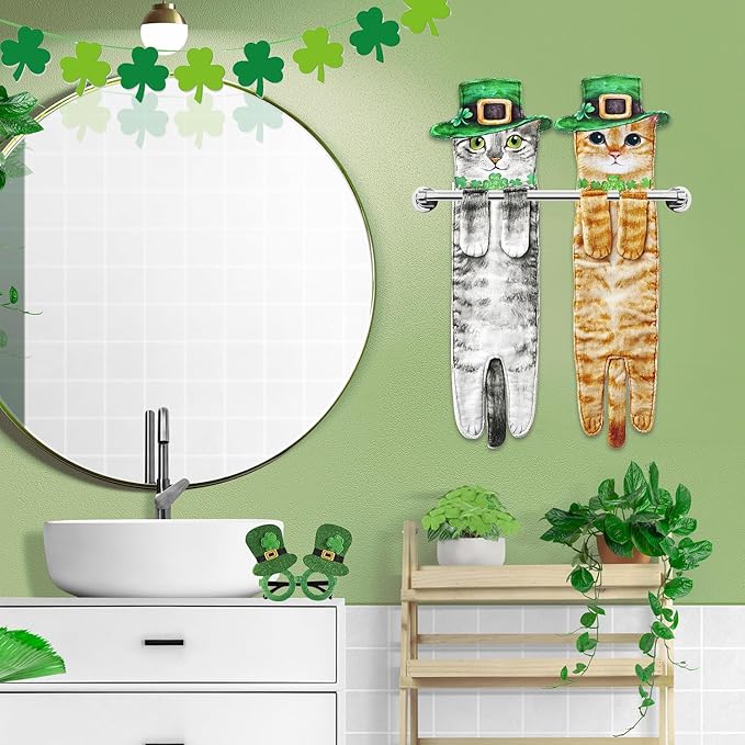 St Patrick's Day Cat Hand Towels for Kitchen Bathroom Decorations Gifts - Cute Shamrock Green Hanging Soft Absorbent Face Towel - Funny Birthday Housewarming Unique Gift for Women Mom Lady Cat Lovers
