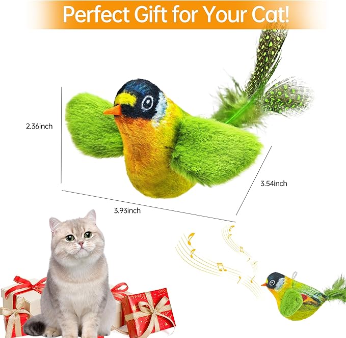Chirping Bird Cat Toys Hanging Cat Feather Toy - Catnip Interactive Cat Toys for Indoor Cats - Automatic Cat Toy for Cat Exercise & Kicker to Self Play (Green)