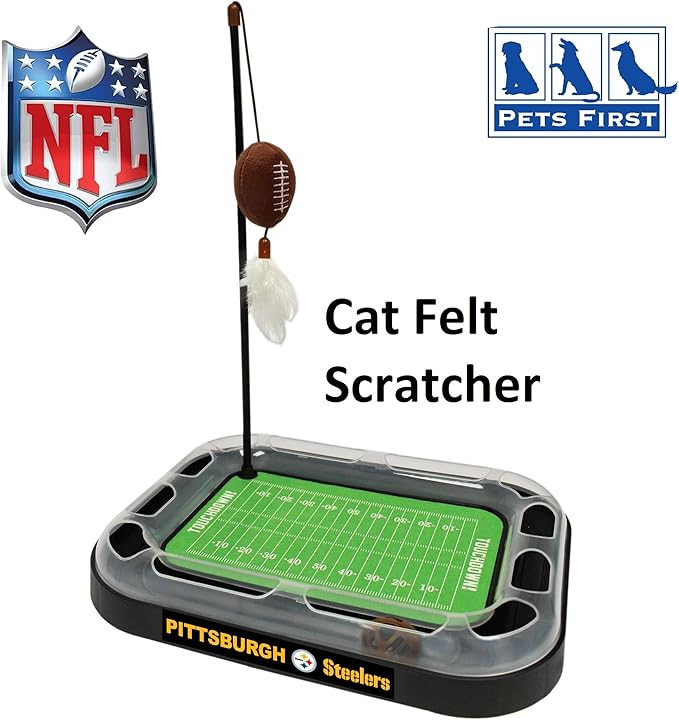 BEST CAT TOY NFL Pittsburgh Steelers Football Field CAT Scratcher Toy with Catnip Filled Plush Football Toy & Feather Cat Toy Hanging, with Jingle Bell Interactive Ball Cat Chasing 5-in-1 Kitty Toy