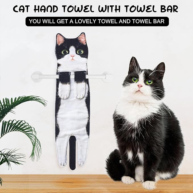 AGRIMONY Cat Funny Hand Towels with Towels Bar for Bathroom Kitchen - Cute Decorative Cat Decor Hanging Washcloths Face Towels Super Absorbent Soft - Housewarming Birthday Christmas Fun Gifts